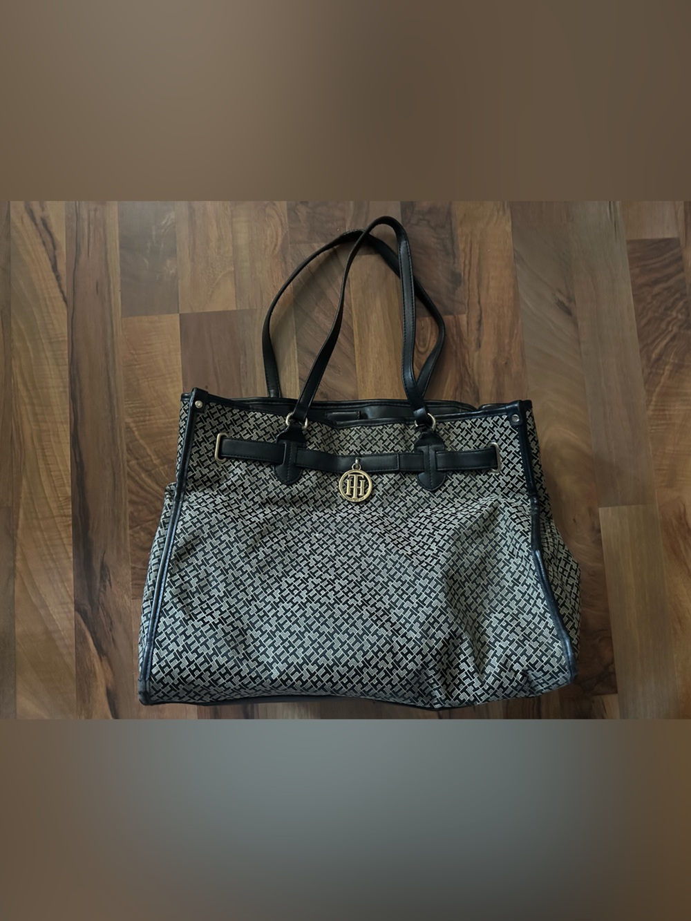 Tommy Hilfiger Black & Cream Patterned Tote Bag with Gold Accent